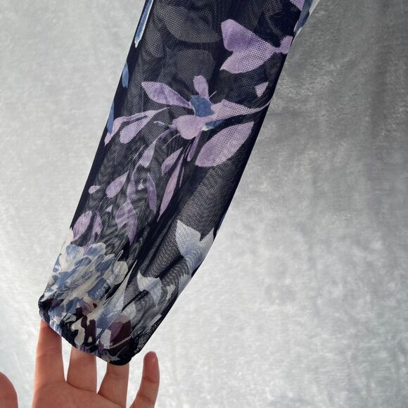 En Focus Studio Dress Womens 8 Navy Blue Purple Floral Smocked Mock Neck - Picture 3 of 16